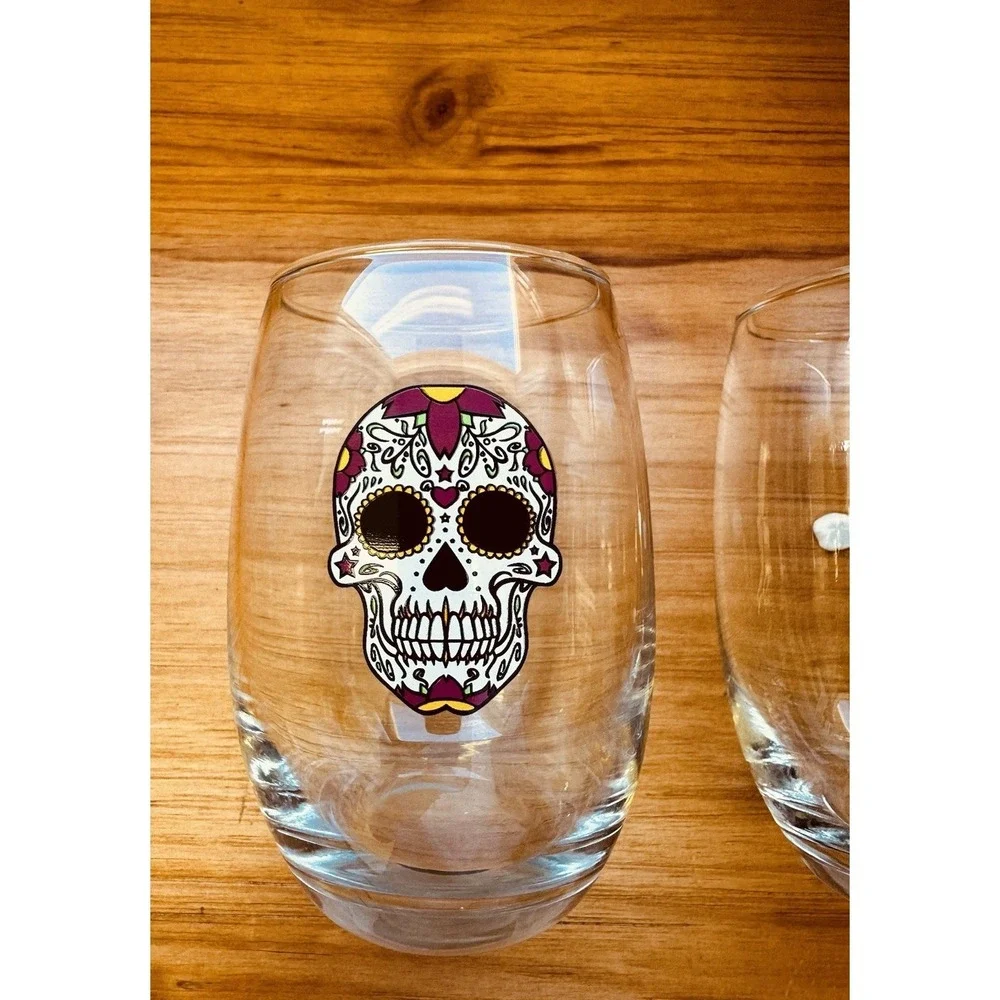 Stemless Wine Glass DAY OF THE DEAD Painted Scull 14 fl oz Set‎ Of 2